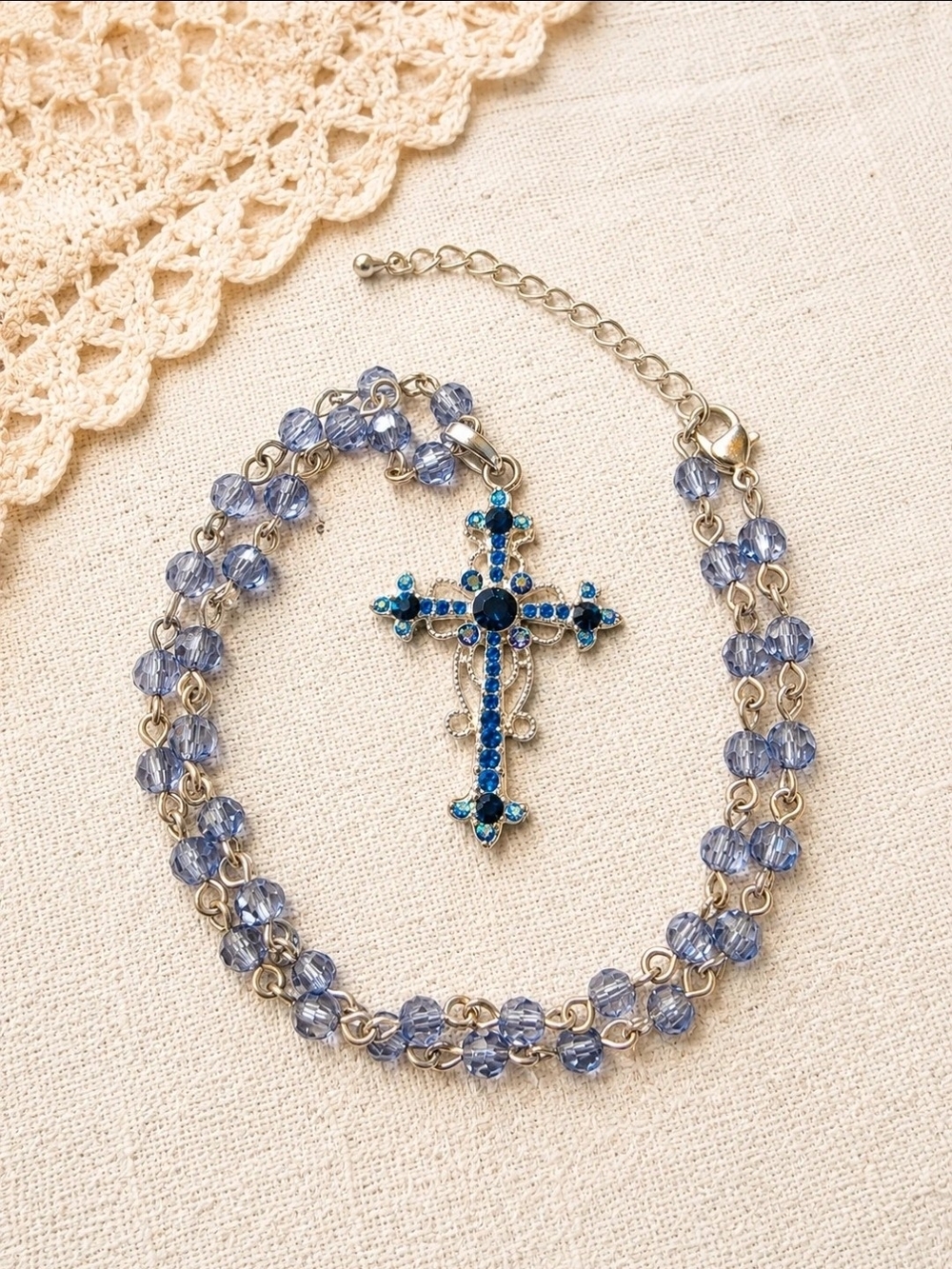 Blue Crystal Cross Pendant Necklace for Women